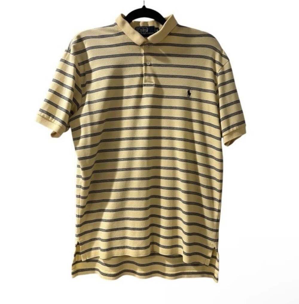 Vintage Polo Ralph Lauren 100% Cotton Golf Preppy Yellow Polo w/Blue Stripes-S